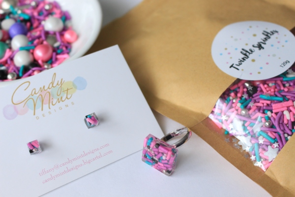 handmade handcrafted glitter resin cake sprinkles jewellery studs candy mint designs